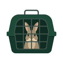 Flat vector illustration of a brown bunny sitting calmly inside a pet carrier, ideal for transport, vet visits, or pet care.