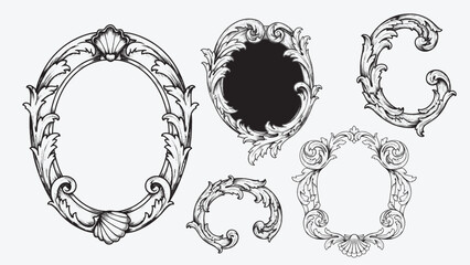 Luxurious Rococo scroll frame with engraved floral and shell motifs in woodcut engraving style