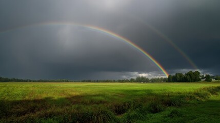 Naklejka premium Stunning Double Rainbow Over Lush Green Field Under Dark Clouds