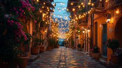 Fototapeta premium Italian Evening Street with Fairy Lights