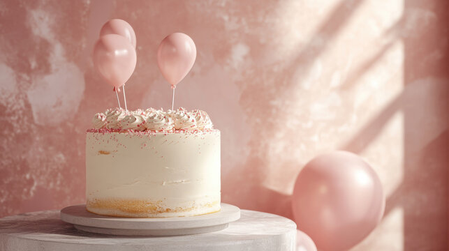 birthday cake with a unit on a pink background with balls 