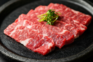 Succulent Raw Beef Slices Ready for Grilling on a Dark Textured Plate