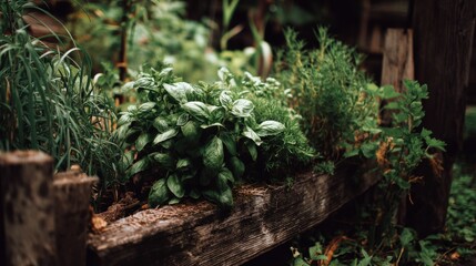 Lush Green Herbs Growing in Wooden Garden Planter Under Soft Light