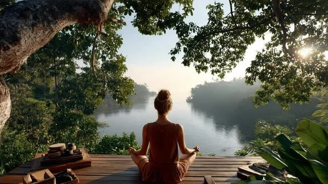 Peaceful Morning Meditation: A woman finds inner peace as she meditates on a wooden platform overlooking a serene lake surrounded by lush greenery.