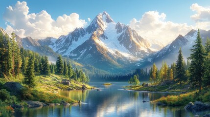 Naklejka premium Majestic mountain reflected in serene alpine lake at sunrise