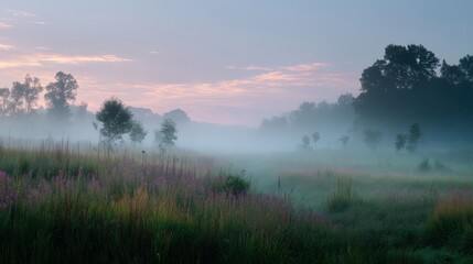 Misty Morning Landscape with Fog and Soft Pastel Sky Colors