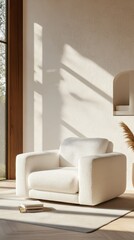 Elegant Ivory Armchair in Sunlit Room with Minimalist Decor and Warm Textures for a Serene Atmosphere