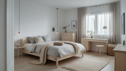 A Scandinavian bedroom features a wooden bed with neutral linens, sleek nightstands, light wood floors, a woven rug, sheer curtains, greenery, modern art, pendant lighting, and abundant natural light.