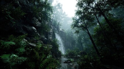 Fototapeta premium Serene Waterfall Amidst Lush Greenery in Misty Forest Landscape