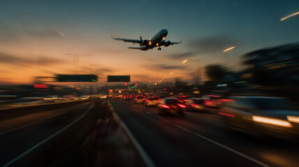 Fototapeta premium Airplane taking off over a busy highway during sunset with traffic and city lights blurred