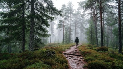 Fototapeta premium Hiker Navigates Misty Path in Lush Forest Surrounded by Trees