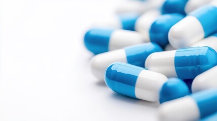 Blue and white antibiotic capsules on a white background symbolizing modern prescription drugs in the global pharmaceutical industry and the ongoing medical battle against bacterial infections.