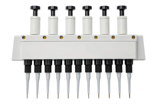 Laboratory multichannel pipette with precision tips isolated with transparent background
