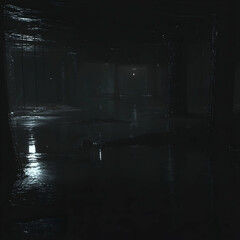 Obraz premium Flooded urban underground, dimly lit passage, mystery, water reflection, dark atmosphere, suitable for thriller game background