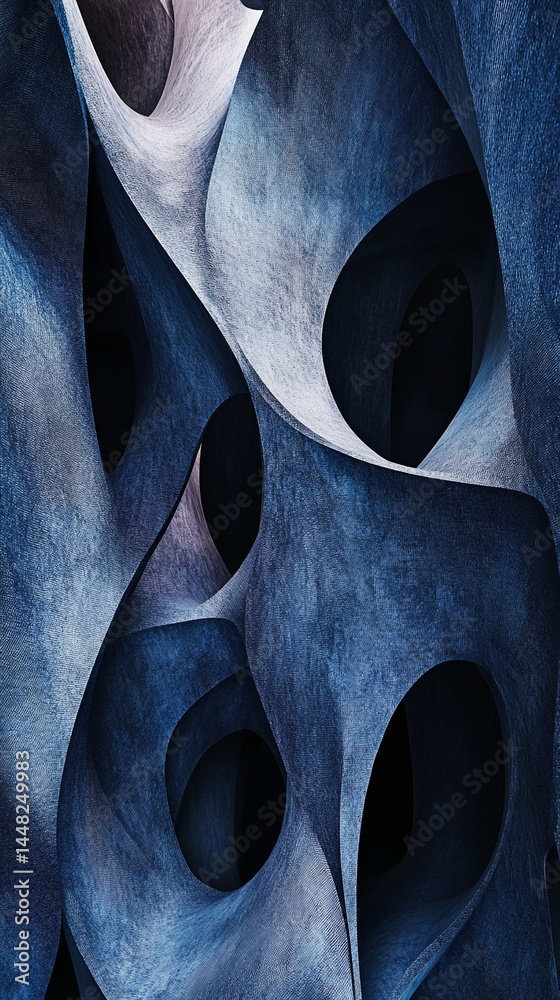 Poster abstract blue textured image with swirling, cave-like forms creating a depth illusion, showcasing a 
