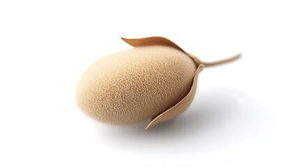 Textured egg-shaped object with brown leaf-like structures, isolated on a white background