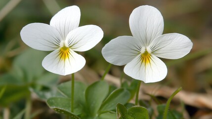 Delicate white flowers blooming, two pristine blossoms with yellow centers, showcasing natural beauty in a lush green setting.