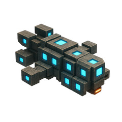 Rugged blocky futuristic spacecraft constructed from dark weathered materials featuring vibrant glowing blue panel lights.