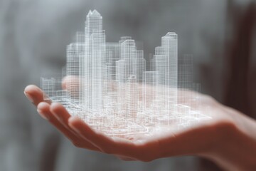 Futuristic cityscape model held in a hand, showcasing architectural innovation and design