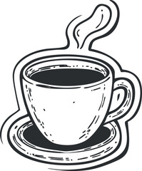 Black and white hand drawn illustration of a steaming hot coffee cup on a saucer