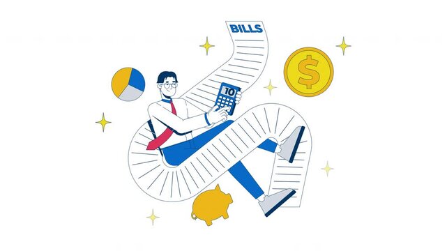 Paying bills happy 2D animation. Expenses control. Financial review budget. Asian man accountant calculating taxes animated character cartoon flat concept metaphor 4K video isolated on white