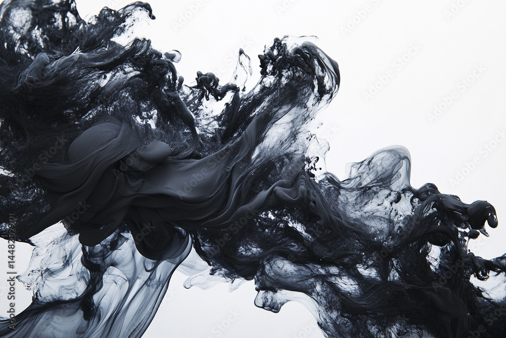 Aufkleber abstract image of dark gray ink swirling in water, creating dynamic, flowing shapes against a white 