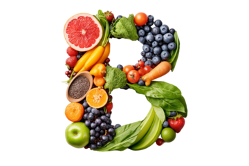 Colorful Arrangement of Fresh Fruits and Vegetables Forming Letter B on Transparent Background