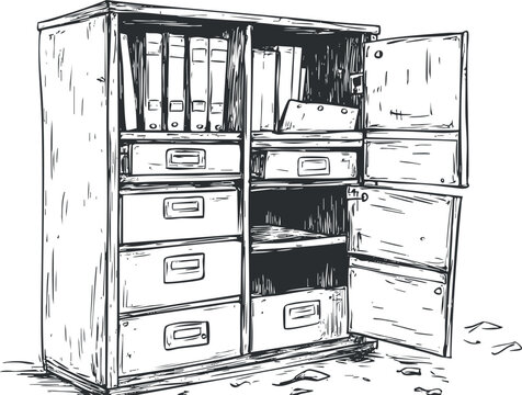 Black and white sketch of an open file cabinet with folders and drawers for office document storage