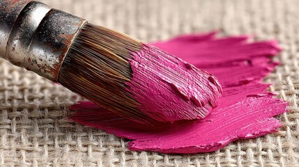 Fototapeta premium Bright pink acrylic brushstroke on textured canvas showcasing artistic expression