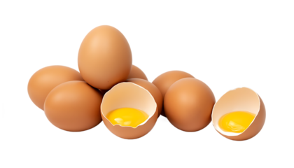 Pile of fresh brown eggs, some cracked open to reveal vibrant yellow yolks, isolated on white
