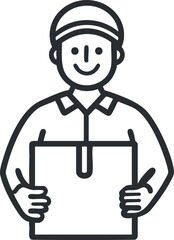 Smiling delivery courier holding a package box in uniform and hat, front view illustration