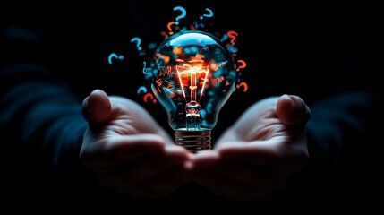 A person holding an illuminated light bulb with question marks floating around it, symbolizing the concept of thinking and idea generation in business and marketing. The background is dark to highlig