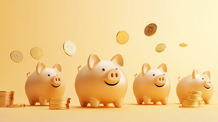 Shiny golden piggy banks with coins symbolizing wealth, savings and prosperity, golden background