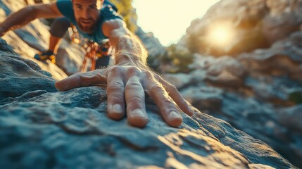Focused climber's hand grips rock face