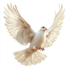 White dove, a symbol of peace and love, takes flight across the vast blue sky