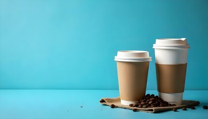 A paper cup with coffee spilled slightly on a classic blue painted canvas, harsh midday sun, summer scene with vibrant colors, copy space below.