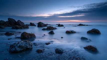 Obraz premium Ocean view with rocks and clouds at dusk creating a serene and tranquil seascape scene at twilight hour