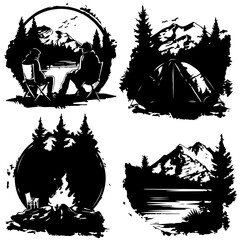 Obraz premium Camping Silhouette, Camp SVG, Tent Silhouette, Campfire SVG, Forest Silhouette, Mountains SVG, Adventure Clipart, Hiking Silhouette, Outdoor SVG, Wilderness SVG, Camping Clipart, Retro Camp SVG, Natur