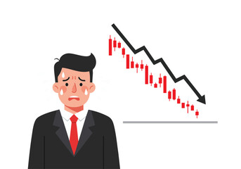 A stressed businessman sweats, watching a plummeting stock chart. Dramatic lighting highlights his anxiety. Suitable for finance, business, and crisis concepts.