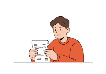 A stressed man stares at a bill with shock. Flat design illustration conveys financial worry. Suitable for concepts like debt, bills, and anxiety.