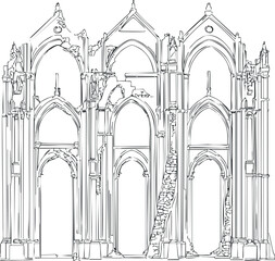 Line drawing of a ruined gothic architectural structure with arches and columns showing decay and historic details.