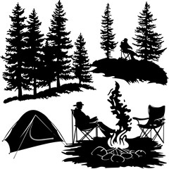Camping Silhouette, Camp SVG, Tent Silhouette, Campfire SVG, Forest Silhouette, Mountains SVG, Adventure Clipart, Hiking Silhouette, Outdoor SVG, Wilderness SVG, Camping Clipart, Retro Camp SVG, Natur