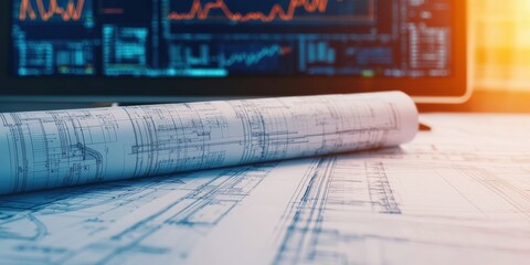 Construction infrastructure highway blueprint concept. Blueprints on a desk with a digital display in the background.