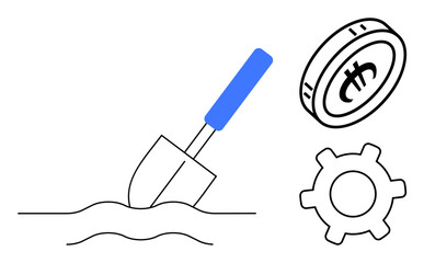 Shovel digging into ground alongside cryptocurrency coin and gear, symbolizing mining, blockchain, technology, financial growth, innovation, digital transformation, and investment. Ideal for crypto