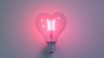 Fototapeta premium A heart-shaped light bulb glowing pink. White background