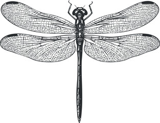 Detailed black and white line art illustration of a dragonfly showing wings and body anatomy