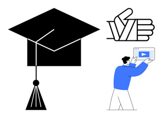 Graduation cap symbolizes education, thumbs-up represents approval, and educator presents video content. Ideal for education, online learning, success, empowerment, certification, approval simple