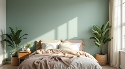Modern bedroom with iced coffee bedding, dusty mint accent wall, minimalist decor, morning window light
