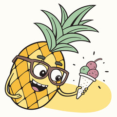 Cool Pineapple Wearing Glasses Holding Ice Cream – Fun Tropical Fruit Cartoon Vector Design