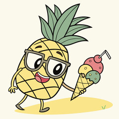 Cool Pineapple Wearing Glasses Holding Ice Cream – Fun Tropical Fruit Cartoon Vector Design